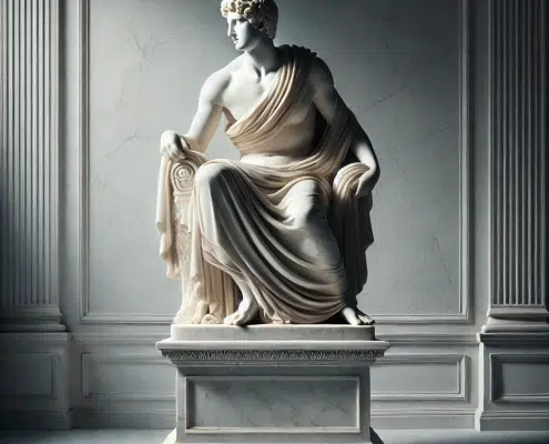 Statue en marbre sculptée avec des détails raffinés, exposée dans un cadre minimaliste.