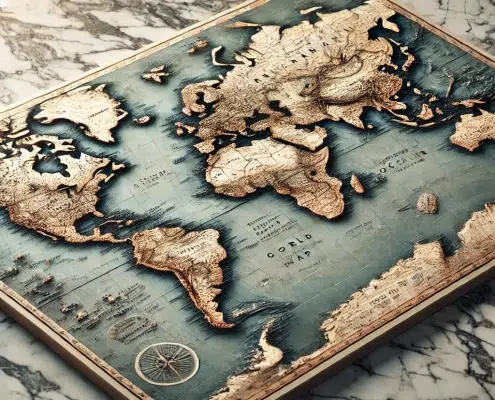 Carte du monde détaillée posée sur un comptoir en marbre poli, mettant en valeur les motifs naturels de la pierre.