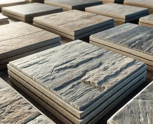 Dalles de pierre reconstituée, avec des surfaces texturées et des variations de couleur naturelles, disposées sur une surface extérieure.