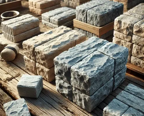 Blocs de pierre reconstituée avec des surfaces texturées et des variations de couleur naturelles.