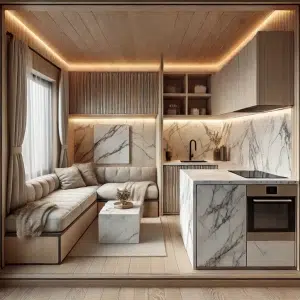 Intérieur d'une tiny house moderne avec des détails en marbre sur les plans de travail et une ambiance chaleureuse.