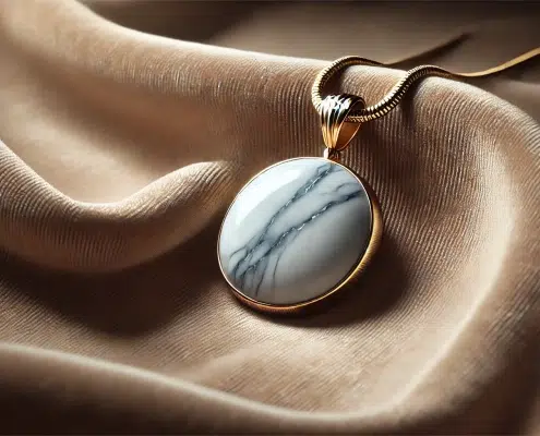 Pendentif en marbre avec sertissage en or, posé sur un fond en velours