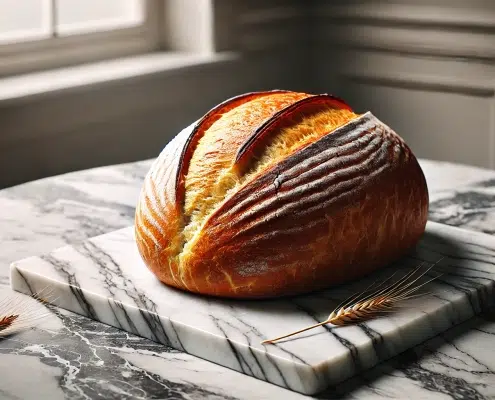 Pain fraîchement cuit avec une croûte dorée reposant sur un comptoir en marbre poli aux veines grises.