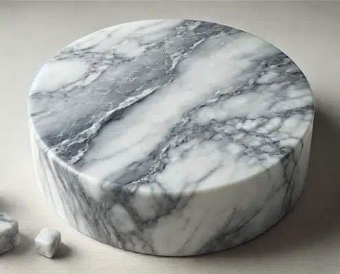 Surface en marbre blanc poli avec des veines grises délicates, mettant en valeur la texture naturelle et raffinée de la pierre.