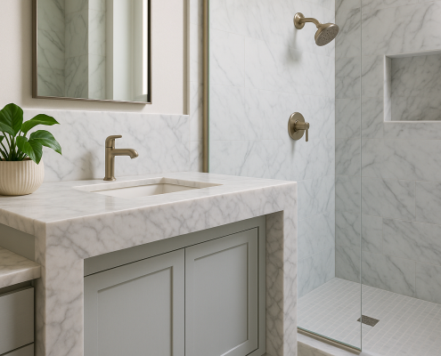Salle de bain élégante en marbre blanc avec vasque et douche aux finitions dorées
