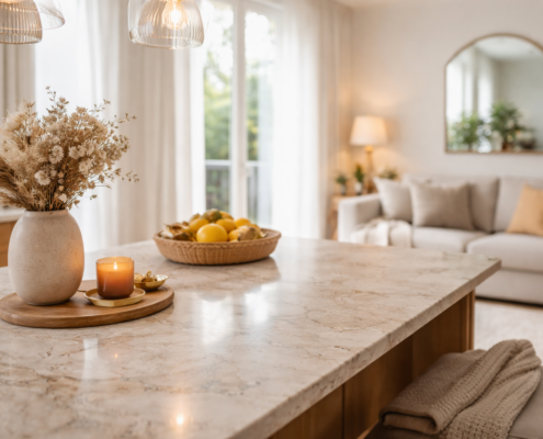 Intérieur lumineux avec plan en marbre clair finition mate, lumière naturelle douce, association avec bois et textiles chaleureux