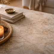 Gros plan d’une surface en marbre patiné avec lumière rasante, micro-textures visibles, ambiance élégante et chaleureuse