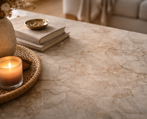 Gros plan d’une surface en marbre patiné avec lumière rasante, micro-textures visibles, ambiance élégante et chaleureuse