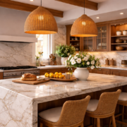 cuisine lumineuse avec îlot en marbre, bois chaleureux et suspensions en fibres naturelles