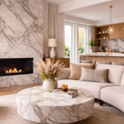 intérieur contemporain avec marbre veiné sur mur, table basse et cuisine ouverte élégante