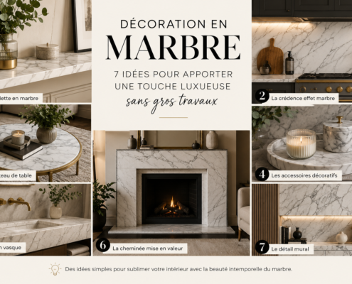 Décoration intérieure élégante avec touches de marbre sur table, accessoires et détails muraux