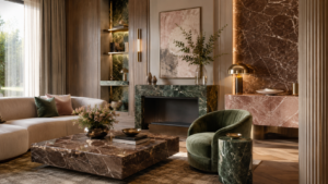Intérieur élégant avec marbre vert, rose et brun pour une décoration chaleureuse et contemporaine