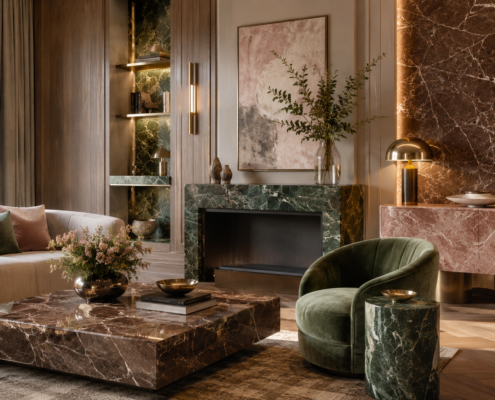 Intérieur élégant avec marbre vert, rose et brun pour une décoration chaleureuse et contemporaine
