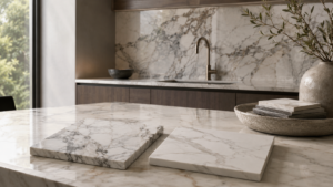 Intérieur élégant comparant vrai marbre naturel et imitation marbre dans une cuisine contemporaine