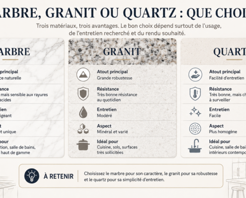 Comparatif marbre, granit et quartz pour choisir le matériau adapté